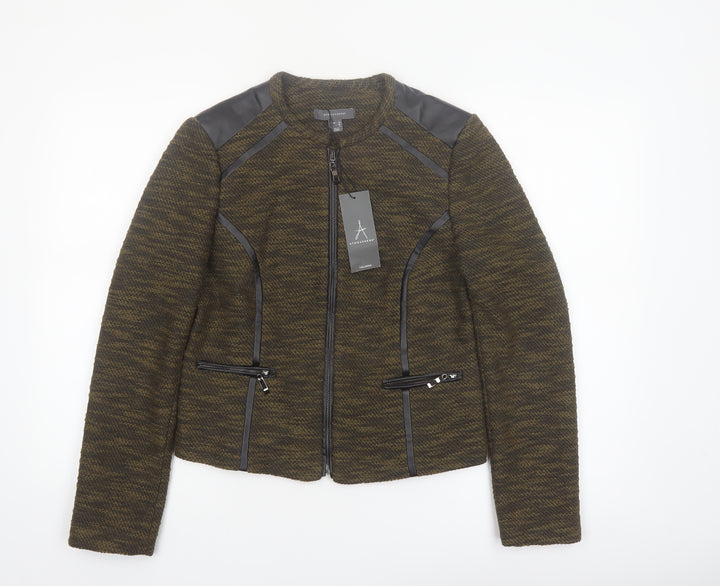 Atmosphere Women’s Khaki Zip-Up Jacket Size 10 Faux Leather Trim