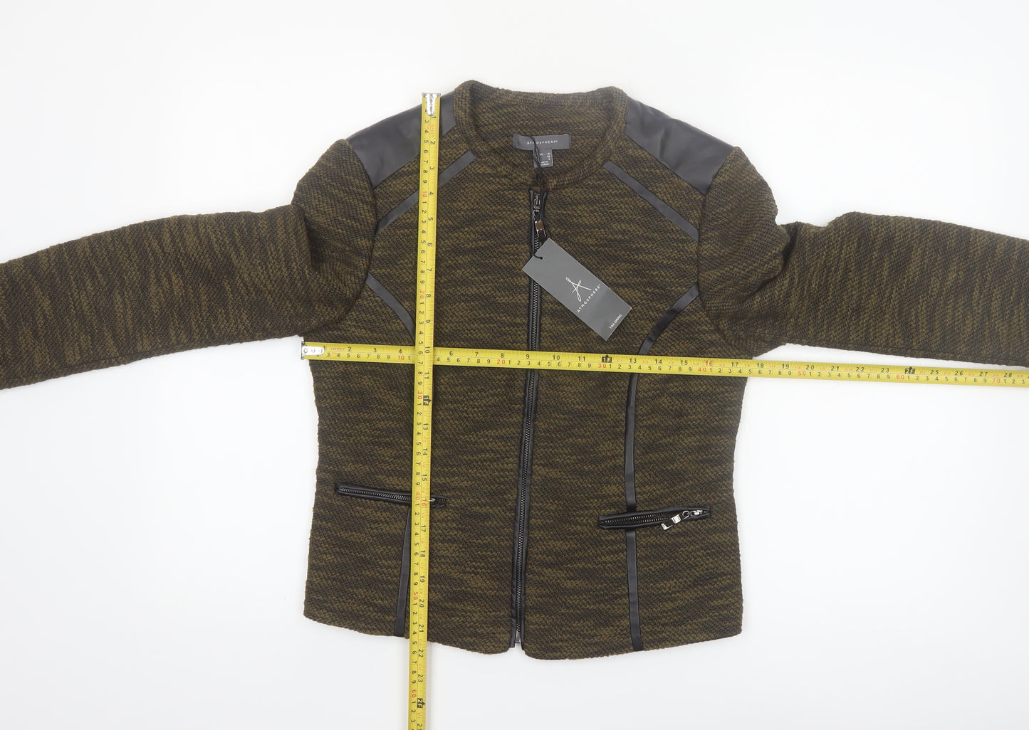 Atmosphere Women’s Khaki Zip-Up Jacket Size 10 Faux Leather Trim