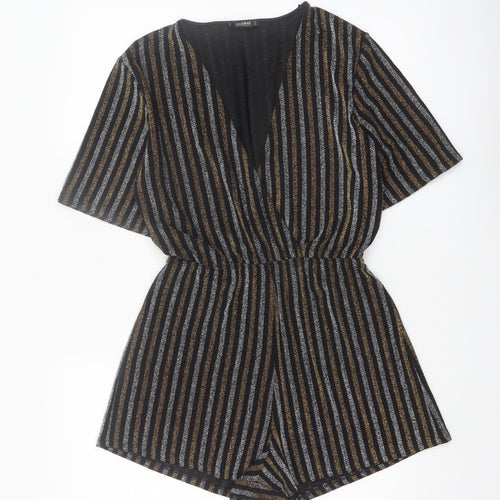 Pull & Bear Women Black Gold Striped Playsuit Size 12 Metallic Short Sleeve