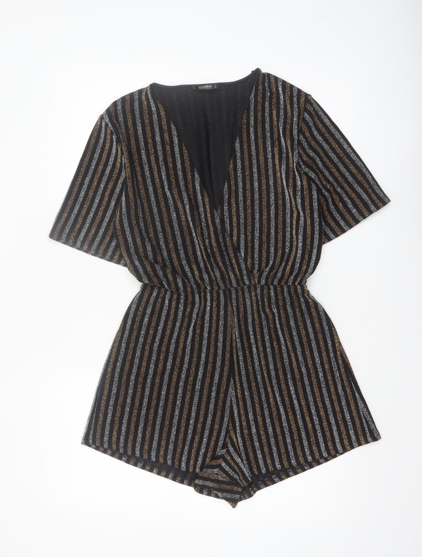 Pull & Bear Women Black Gold Striped Playsuit Size 12 Metallic Short Sleeve