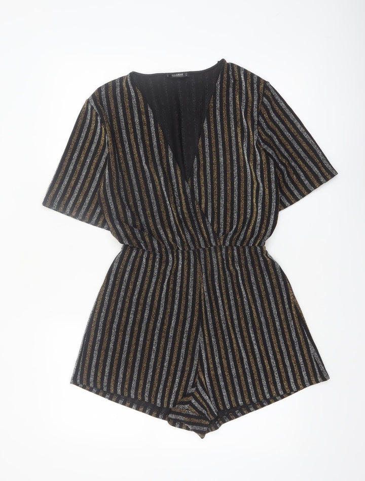 Pull & Bear Women Black Gold Striped Playsuit Size 12 Metallic Short Sleeve