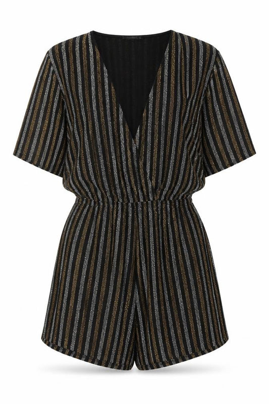 Pull & Bear Women Black Gold Striped Playsuit Size 12 Metallic Short Sleeve