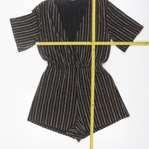 Pull & Bear Women Black Gold Striped Playsuit Size 12 Metallic Short Sleeve