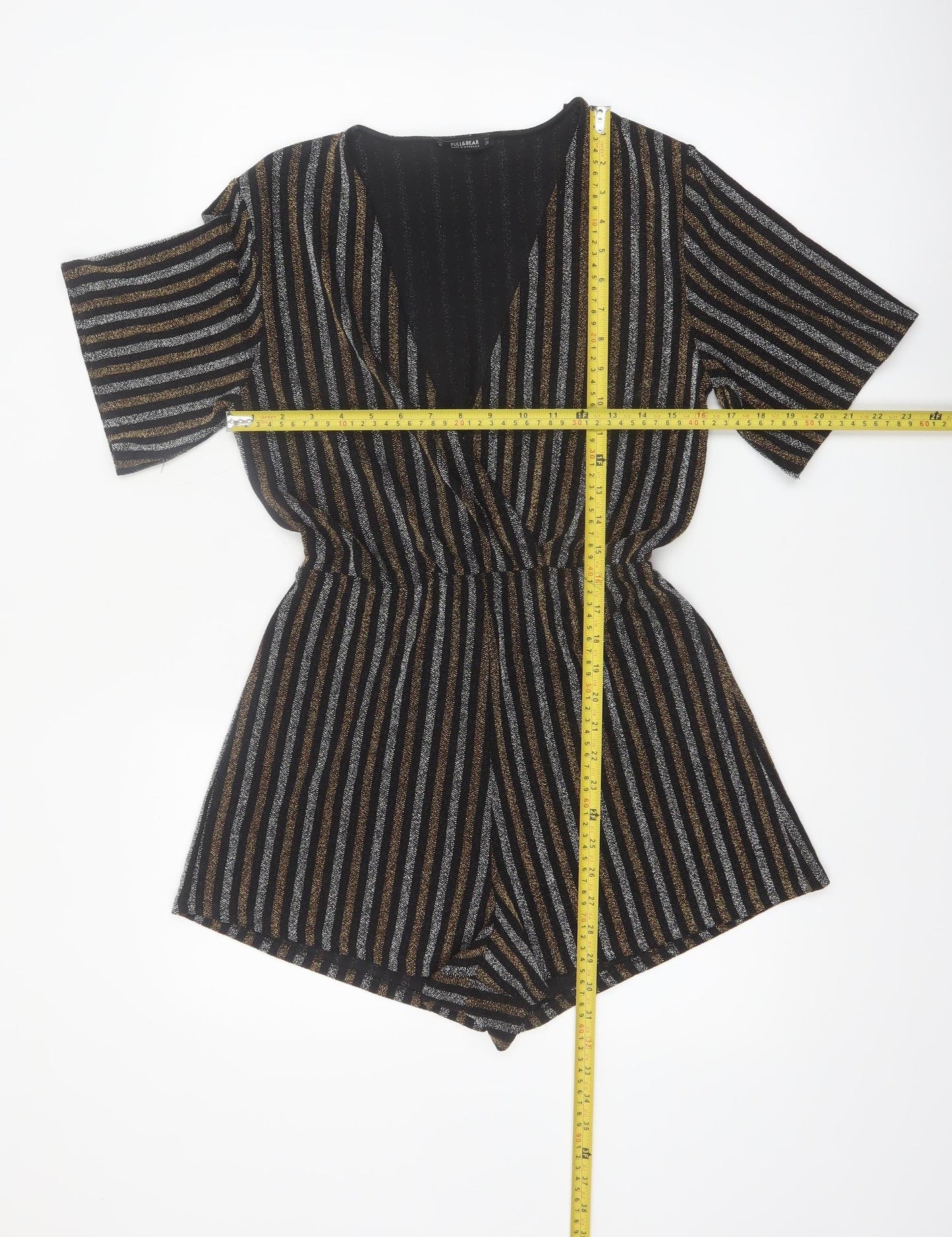 Pull & Bear Women Black Gold Striped Playsuit Size 12 Metallic Short Sleeve