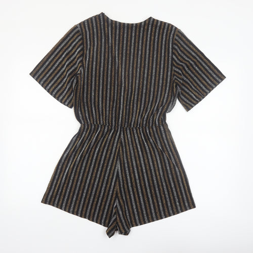 Pull & Bear Women Black Gold Striped Playsuit Size 12 Metallic Short Sleeve