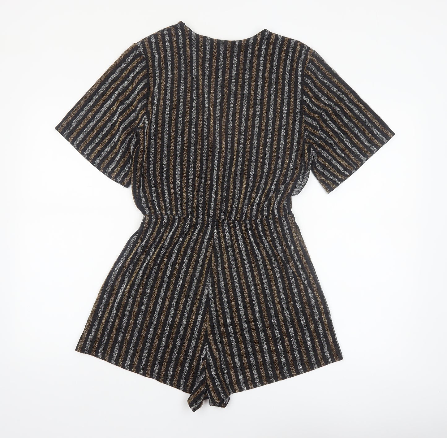 Pull & Bear Women Black Gold Striped Playsuit Size 12 Metallic Short Sleeve