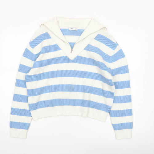 MNG Women’s Blue White Striped V-Neck Pullover Jumper Size S