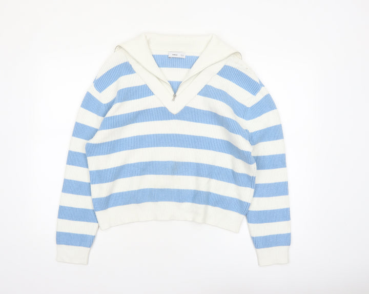 MNG Women’s Blue White Striped V-Neck Pullover Jumper Size S