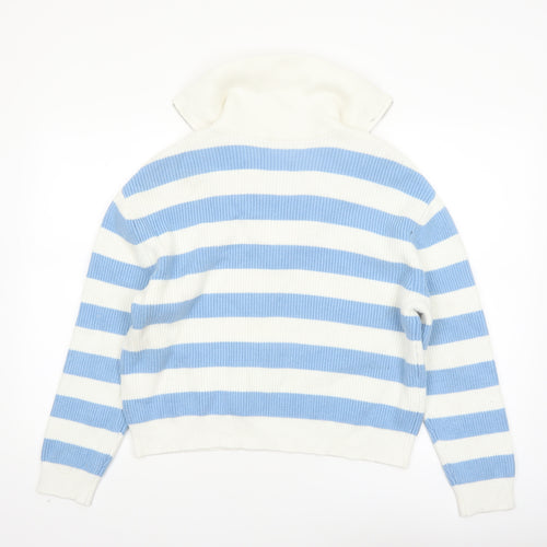 MNG Women’s Blue White Striped V-Neck Pullover Jumper Size S