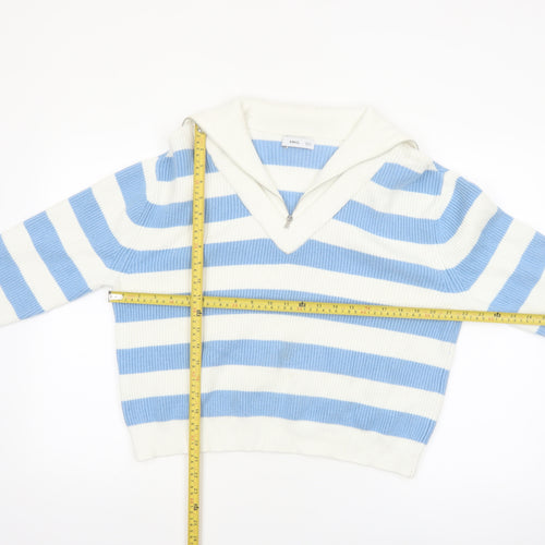 MNG Women’s Blue White Striped V-Neck Pullover Jumper Size S