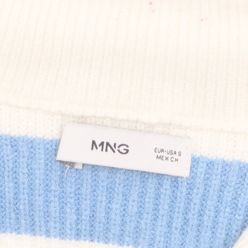 MNG Women’s Blue White Striped V-Neck Pullover Jumper Size S