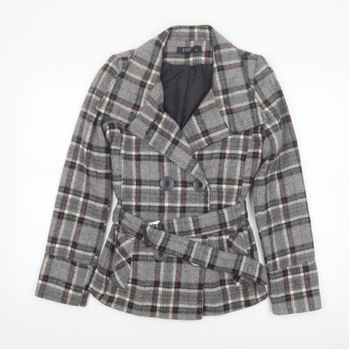 Zoe Women’s Grey Check Wool Blend Belted Blazer Coat Size 8