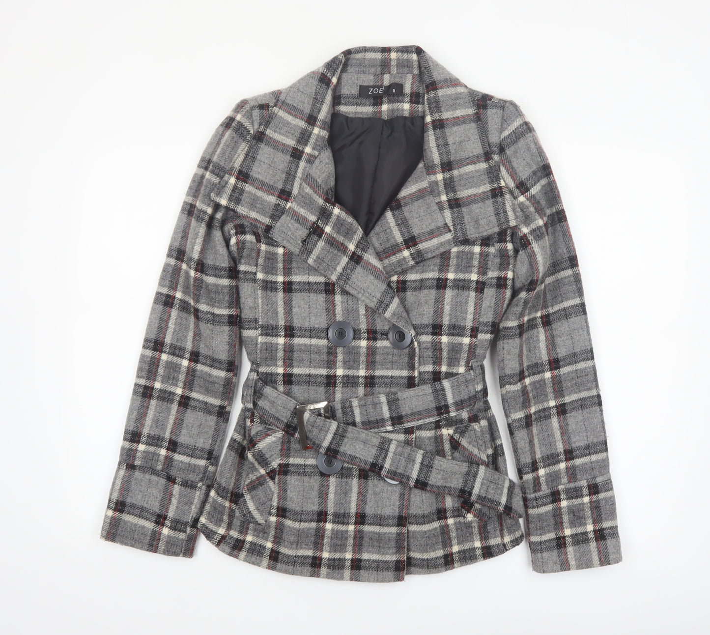 Zoe Women’s Grey Check Wool Blend Belted Blazer Coat Size 8