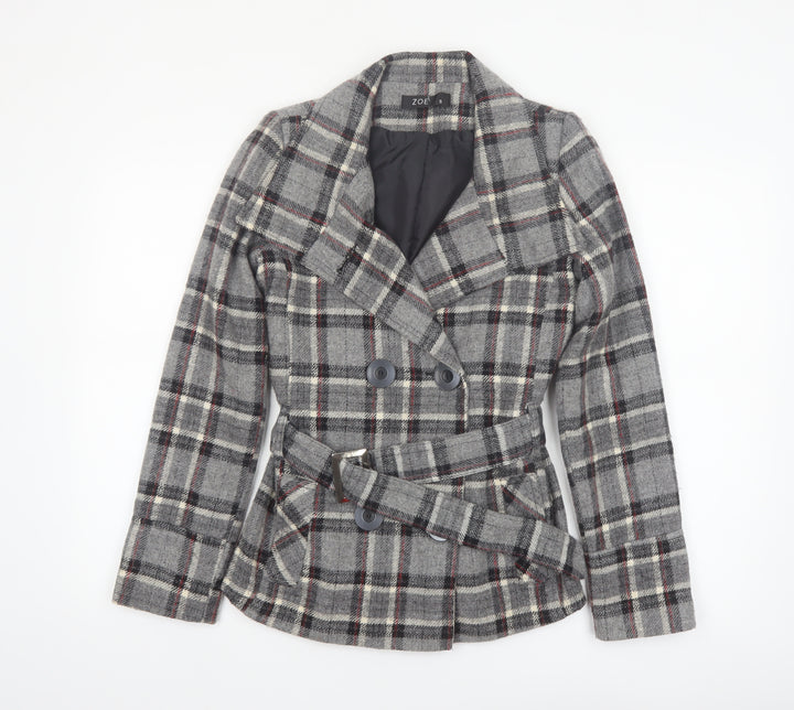 Zoe Women’s Grey Check Wool Blend Belted Blazer Coat Size 8