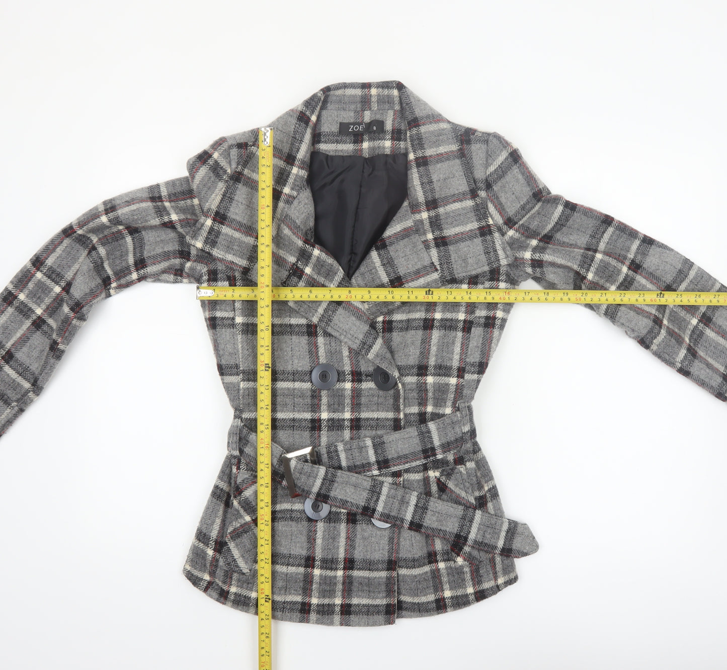 Zoe Women’s Grey Check Wool Blend Belted Blazer Coat Size 8