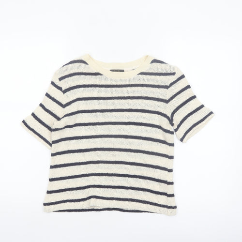 Massimo Dutti Women's Ivory Striped Knit Linen Blend T-Shirt XS