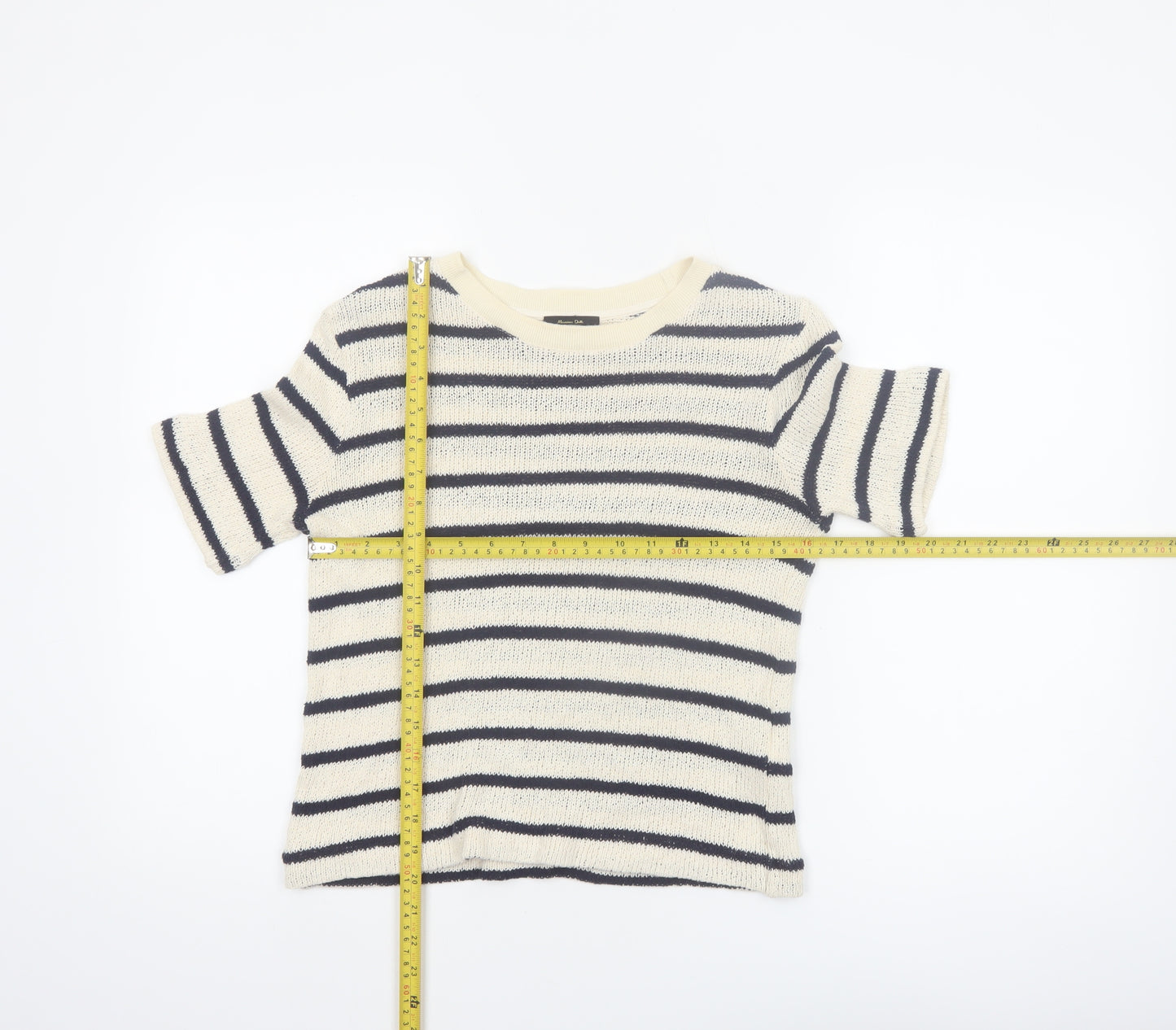 Massimo Dutti Women's Ivory Striped Knit Linen Blend T-Shirt XS