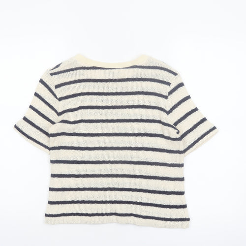 Massimo Dutti Women's Ivory Striped Knit Linen Blend T-Shirt XS