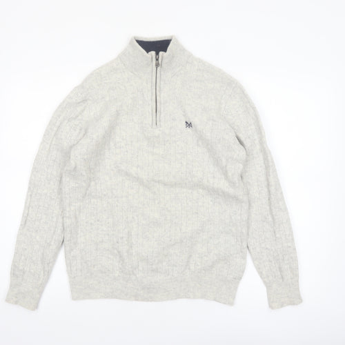 Crew Clothing Company Men's Grey Cable-Knit 1/2 Zip Jumper M