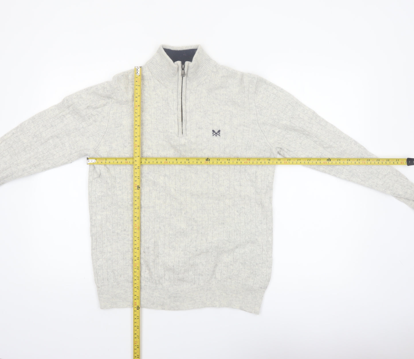 Crew Clothing Company Men's Grey Cable-Knit 1/2 Zip Jumper M