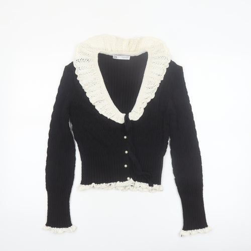 Zara Women’s Black V-Neck Ruffle Trim Cardigan Size 12