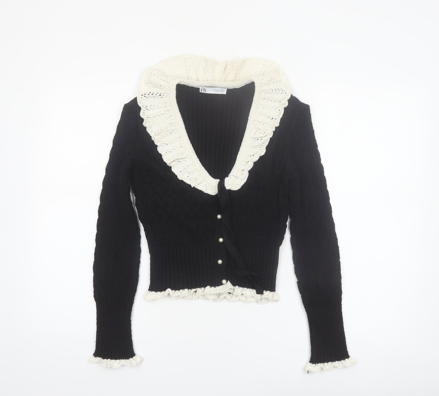 Zara Women’s Black V-Neck Ruffle Trim Cardigan Size 12