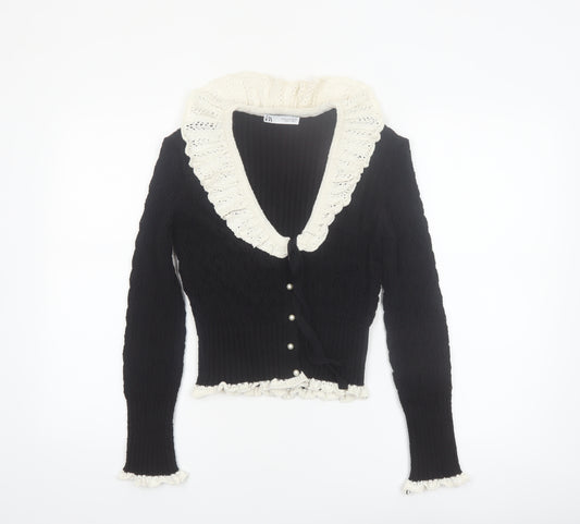 Zara Women’s Black V-Neck Ruffle Trim Cardigan Size 12