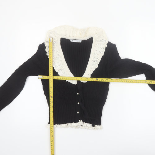 Zara Women’s Black V-Neck Ruffle Trim Cardigan Size 12