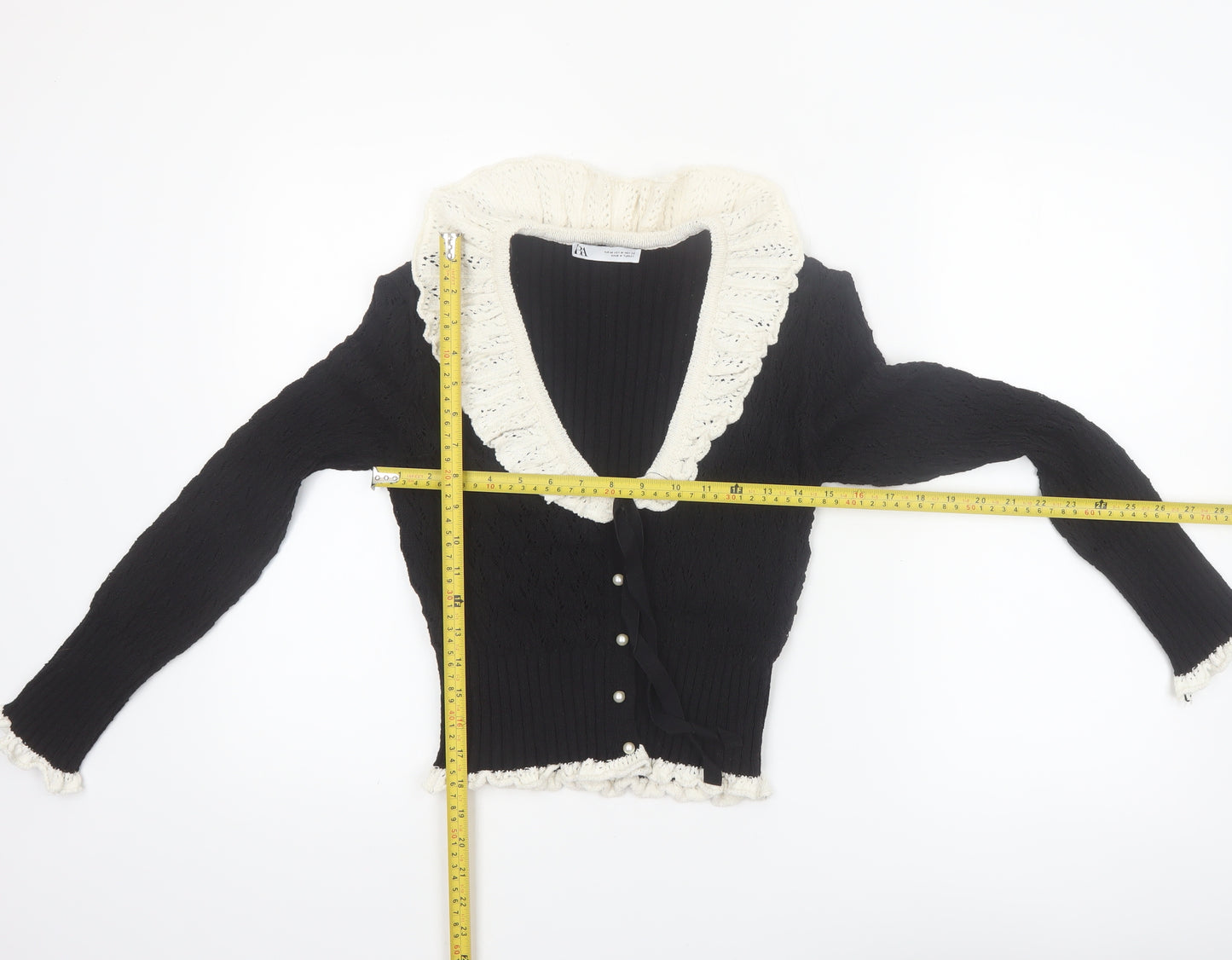 Zara Women’s Black V-Neck Ruffle Trim Cardigan Size 12