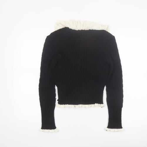 Zara Women’s Black V-Neck Ruffle Trim Cardigan Size 12
