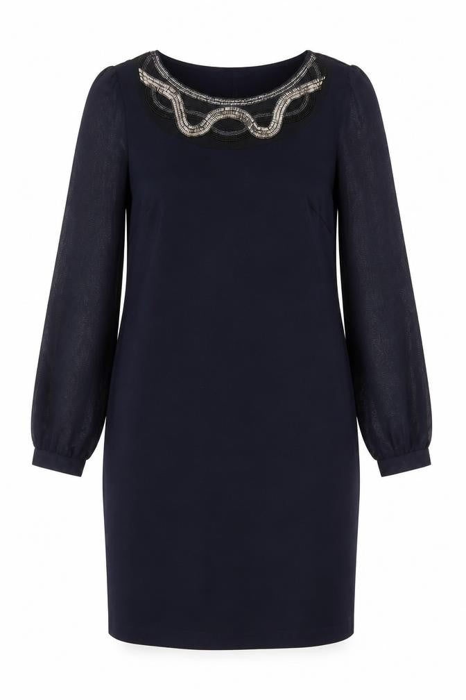 Front view of Dunnes Women Black Beaded Shift Dress, size 10, Long Sleeve