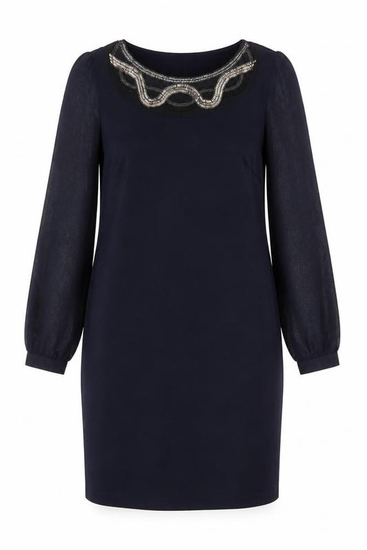 Front view of Dunnes Women Black Beaded Shift Dress, size 10, Long Sleeve