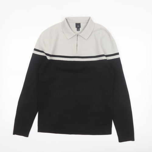 River Island Mens Black & Grey 1/4 Zip Collared Jumper Size M