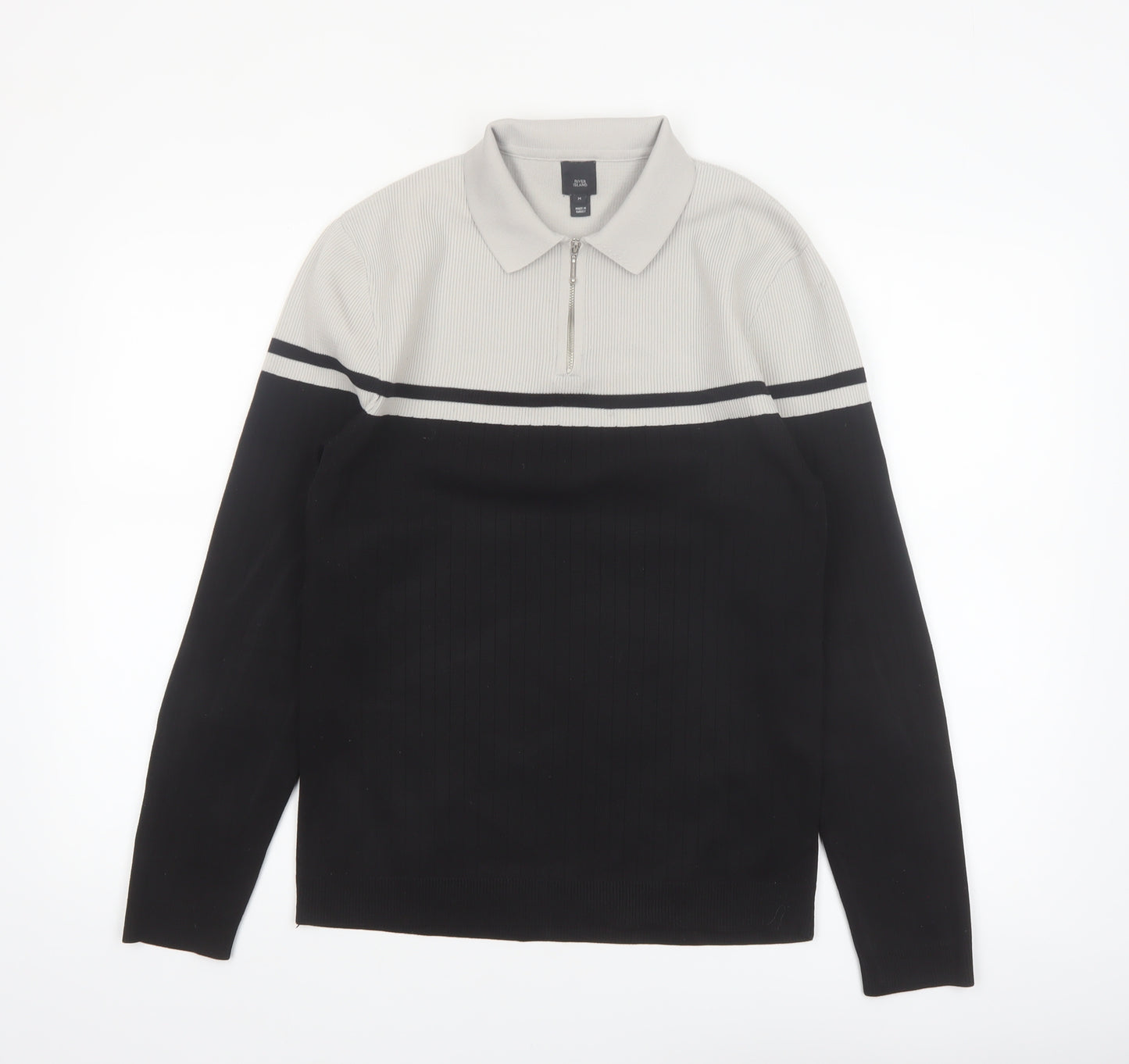 River Island Mens Black & Grey 1/4 Zip Collared Jumper Size M