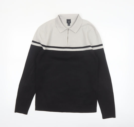 River Island Mens Black & Grey 1/4 Zip Collared Jumper Size M