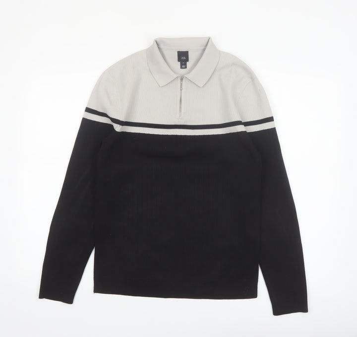 River Island Mens Black & Grey 1/4 Zip Collared Jumper Size M