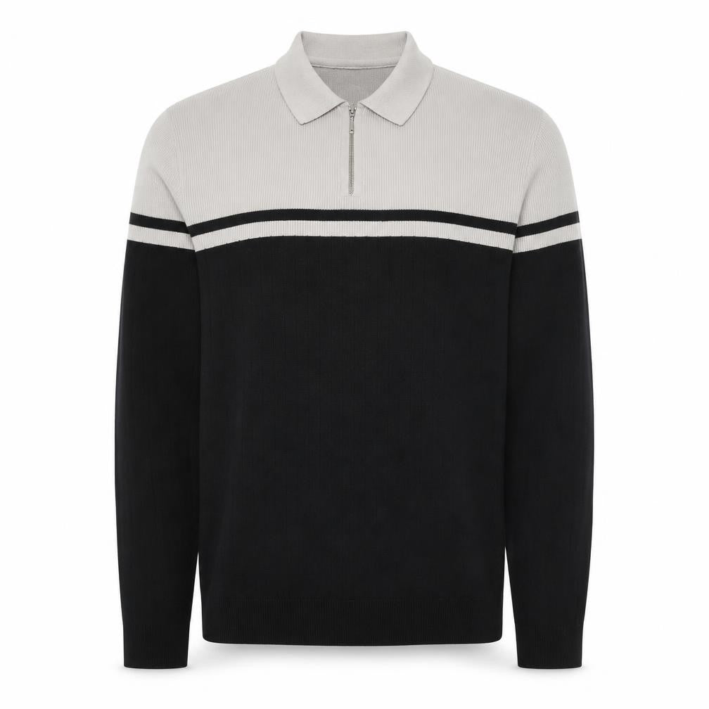 Front view of River Island men’s black & grey 1/4 zip collared jumper, size M