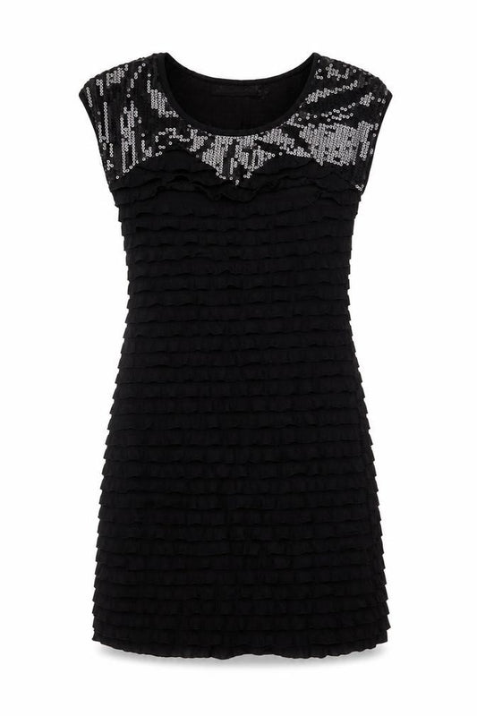 Front view of Mela Loves London Women's Black Sequin Ruffle Shift Dress, size S