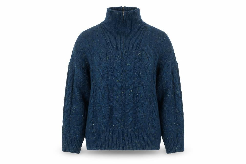 Front view of Mango Women’s Blue Cable-Knit Roll Neck Jumper, size UK 12