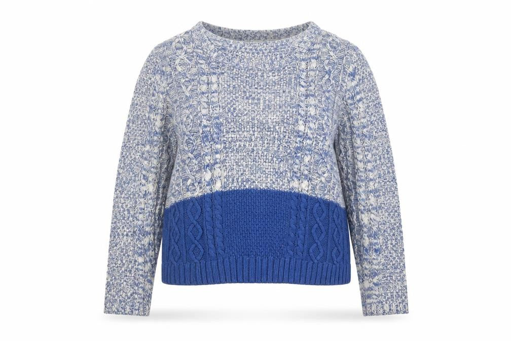 Front view of FatFace Women’s Blue Crew Neck Cable-Knit Jumper, size UK 14