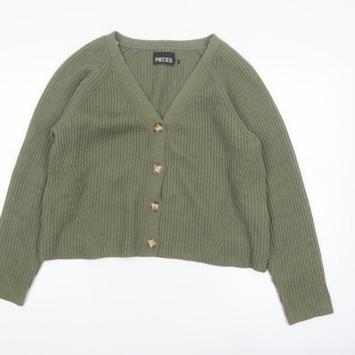 Pieces Womens Green Ribbed V-Neck Cardigan Size L