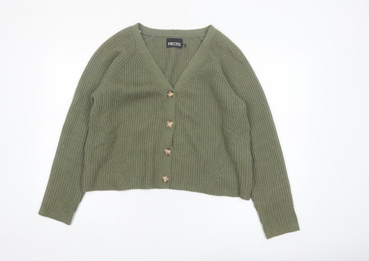 Pieces Womens Green Ribbed V-Neck Cardigan Size L