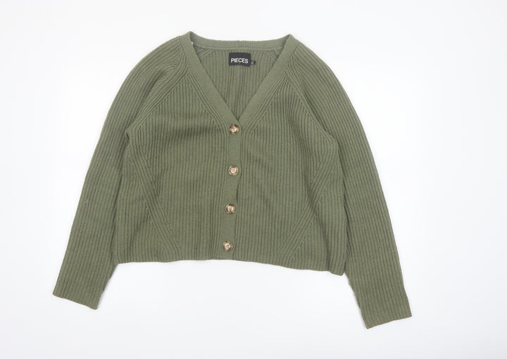 Pieces Womens Green Ribbed V-Neck Cardigan Size L
