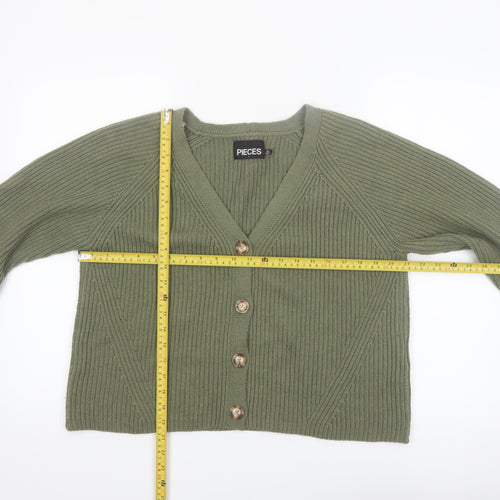 Pieces Womens Green Ribbed V-Neck Cardigan Size L