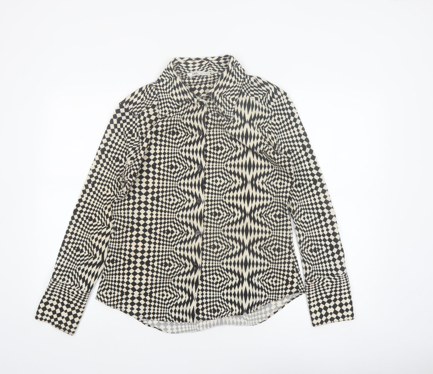 Zara Womens Black Geometric Button-Up Long Sleeve Shirt Size 14
