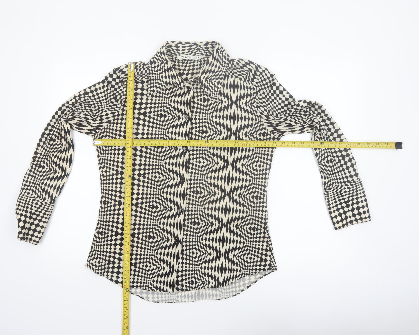 Zara Womens Black Geometric Button-Up Long Sleeve Shirt Size 14