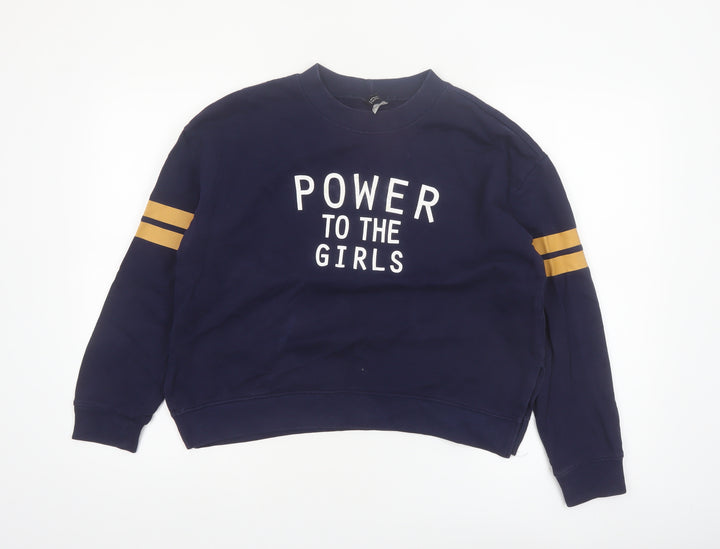 H&M Divided Women's Navy Blue Pullover Sweatshirt Size 12 'Power to the Girls'