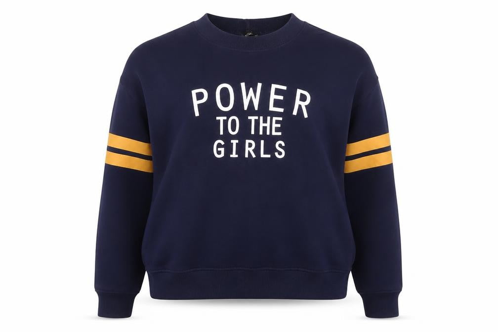 Front view of H&M Divided Women's Navy Blue Pullover Sweatshirt, size 12, 'Power to the girls’'