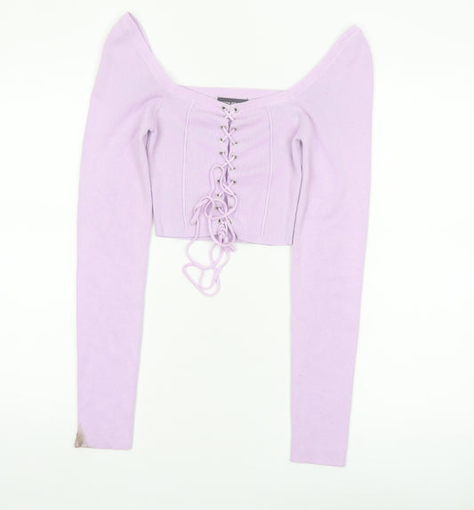 PrettyLittleThing Women's Purple Lace-Up Slim Fit Knit Jumper S