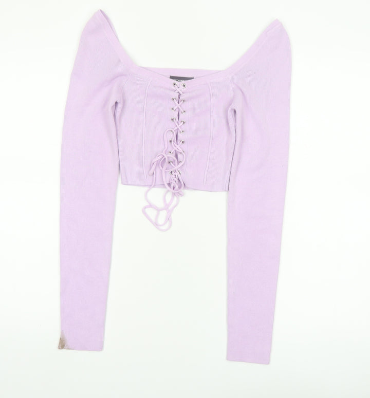 PrettyLittleThing Women's Purple Lace-Up Slim Fit Knit Jumper S